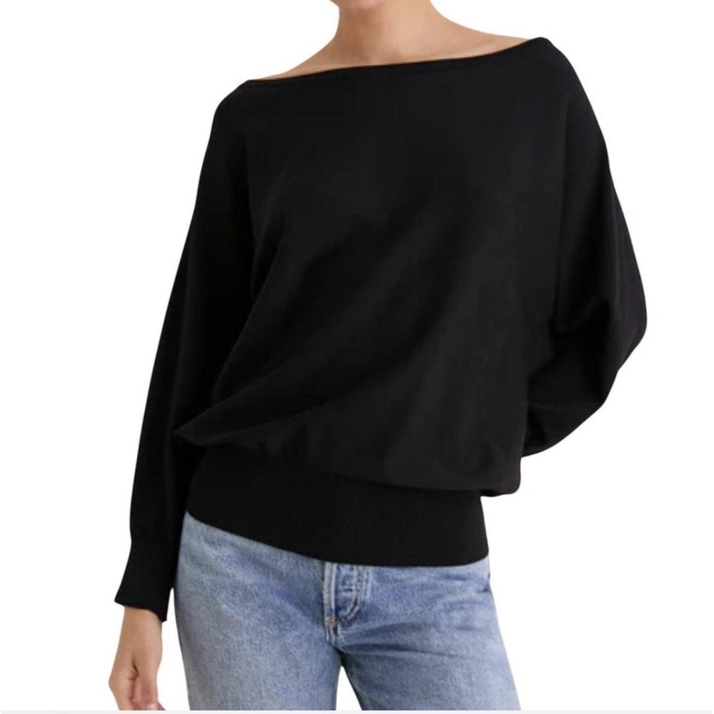 Tuckernuck Black BoatNeck Ribbed Knit dolman sleeves draped top quiet luxury